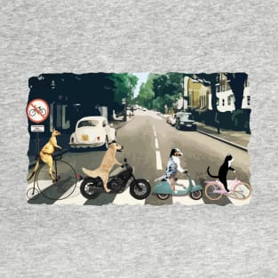 Abbey Road Beatles Spoof Cat and Dogs on Bikes Funny T-Shirt